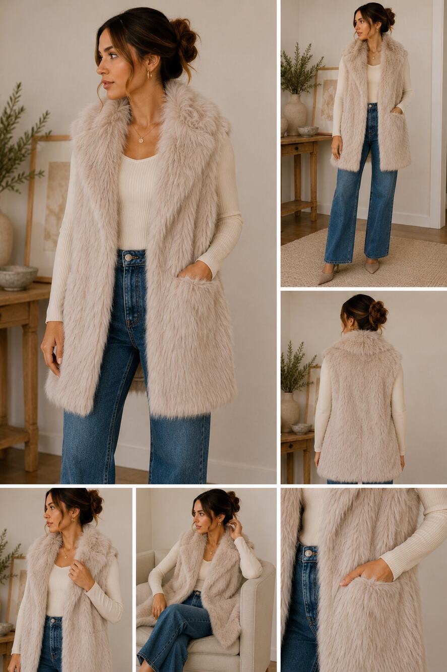 Zara Faux Fur Vest L Long Taupe Beige Gray Mob Wife Quiet Luxury Winter Layering